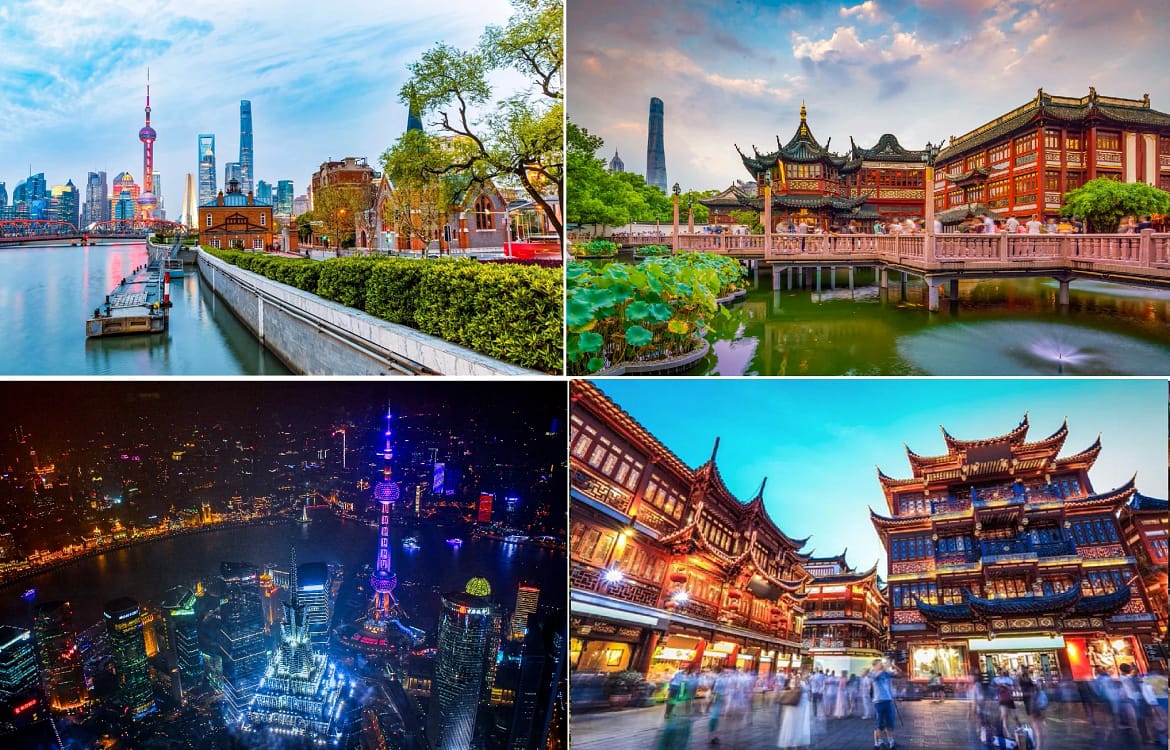 Colaj cu arhitectură modernă și veche  în Shnaghai China Foto Smart Guide dms