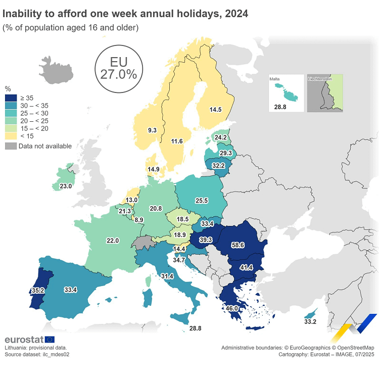 Clasamentul țărilor în care locuitorii nu-și permit o vacanță de o săptămână pe an Foto: Eurostat