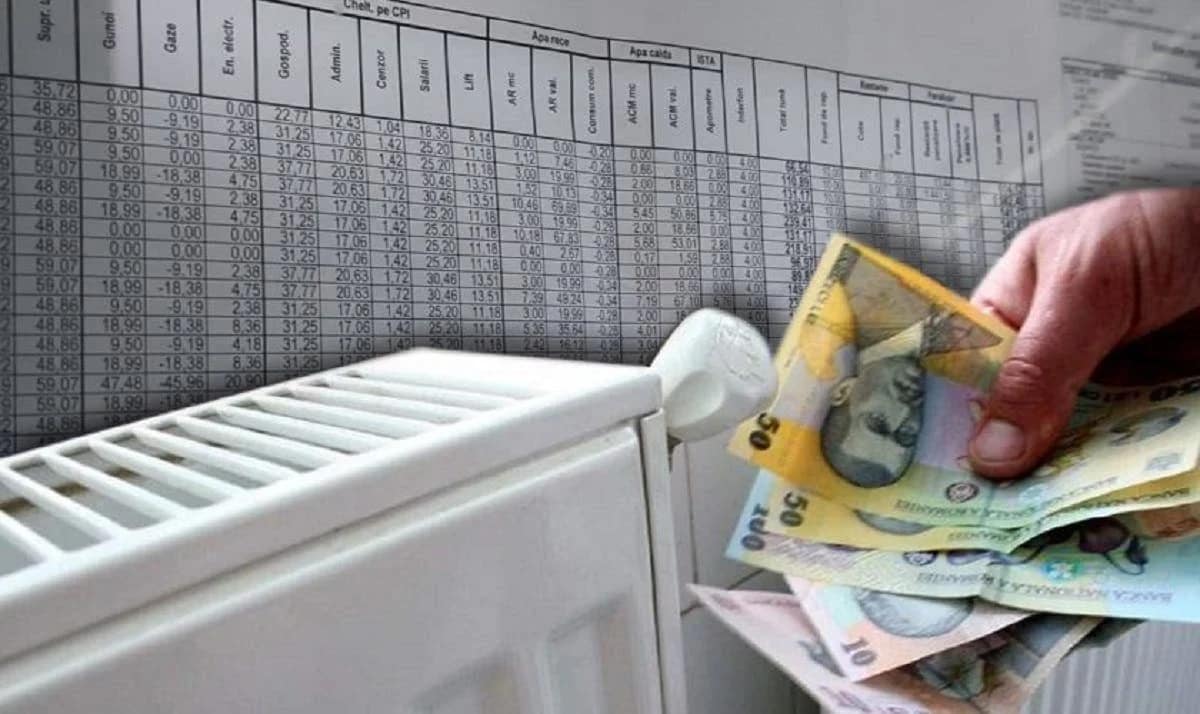 Colaj foto cu un calorifer și cineva care ține bani în mână