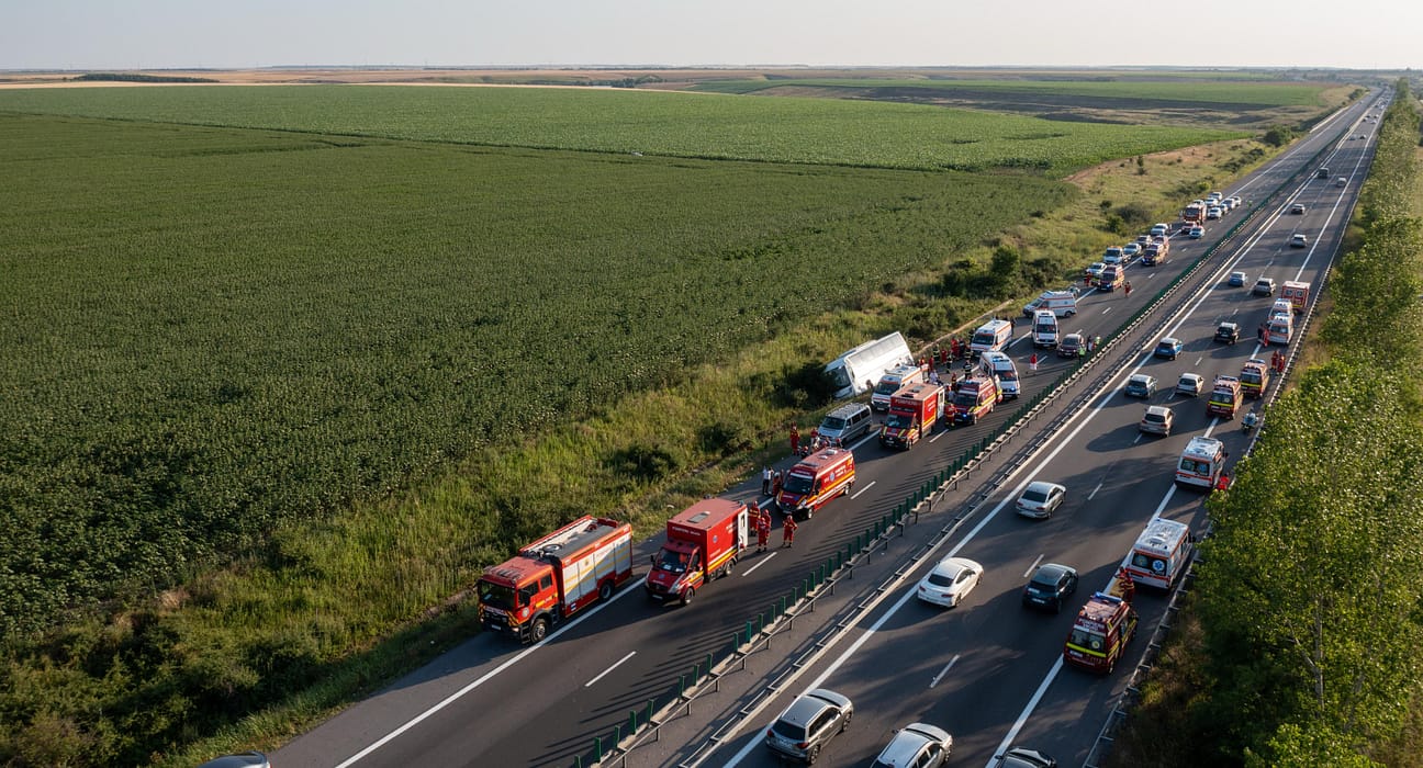 Autocar răsturnat pe A2