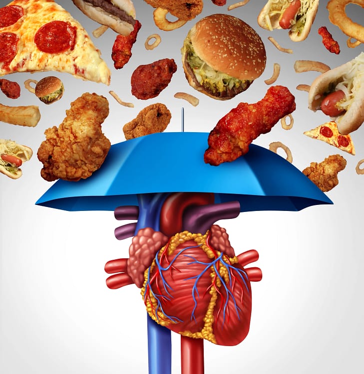 Gustări nesănătoase care cad peste o umbrelă ce apără inima Foto Shutterstock
