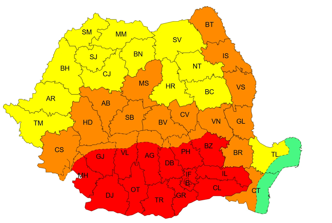 Avertismente de caniculă pentru marți, 8 iulie. FOTO: meteoromania.ro