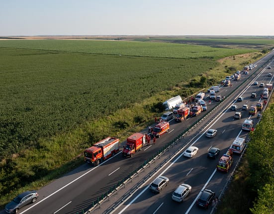 Autocar răsturnat pe A2