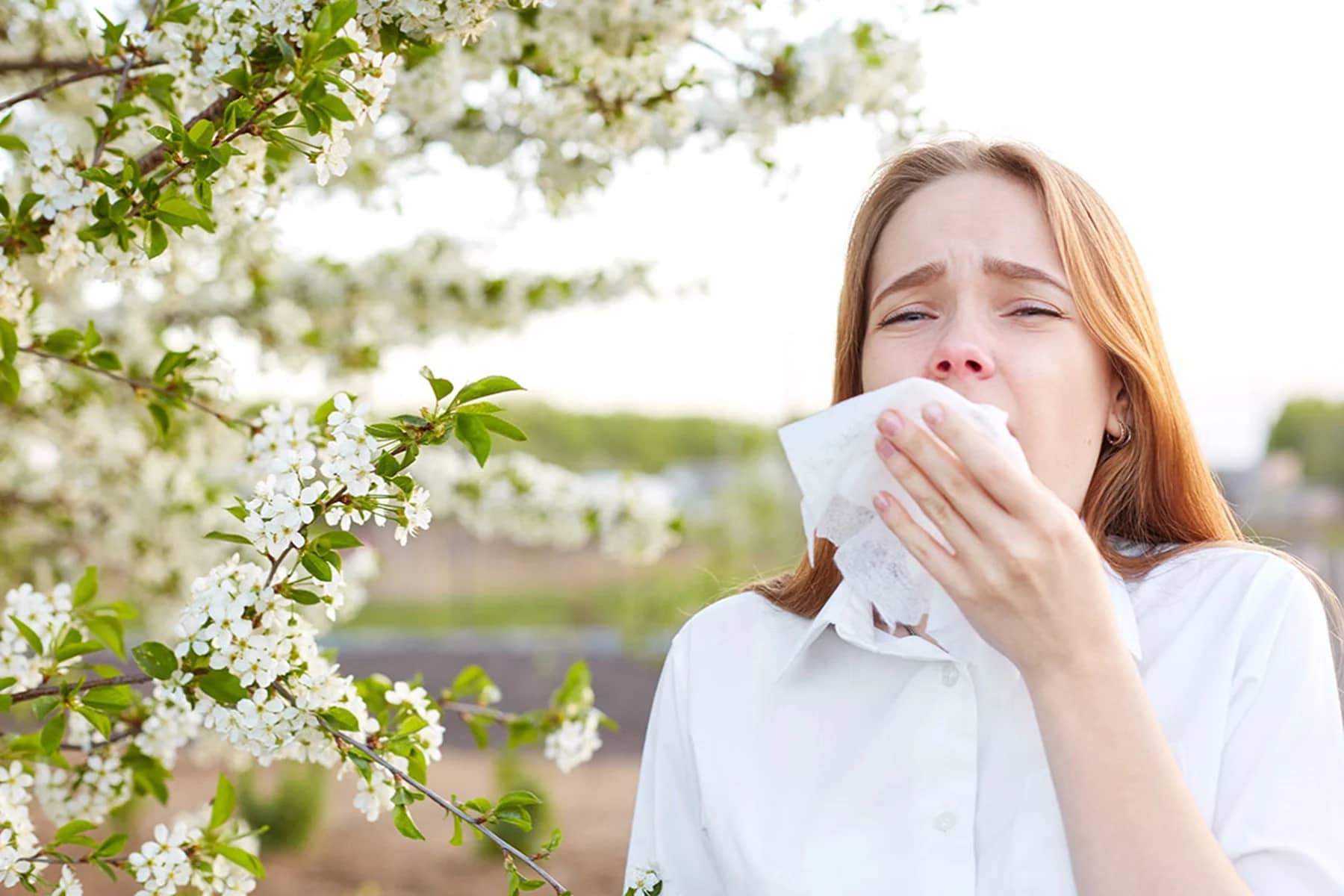 Femeie strănutând lângă un copac înflorit – semn de alergie Foto Yale Health