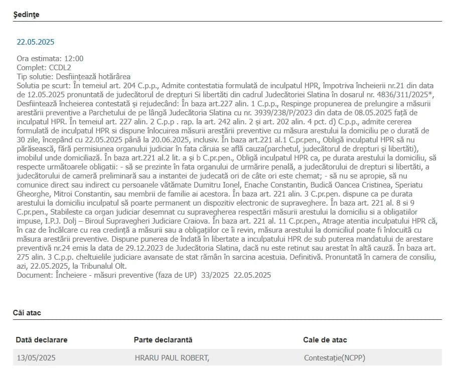 Tribunalul Olt a decis plasarea în arest la domiciliu