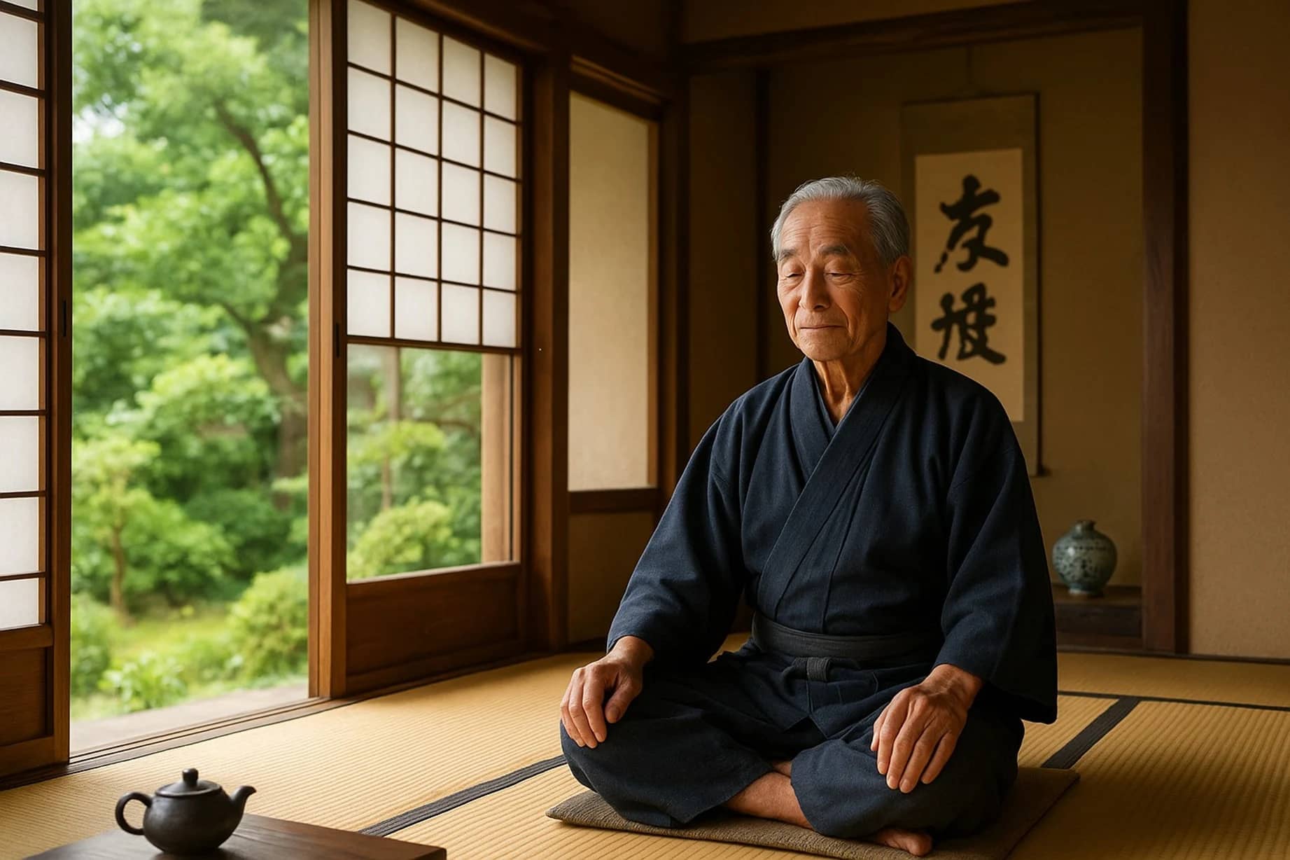 Un bătrân japonez care meditează pe tatami Foto DMS