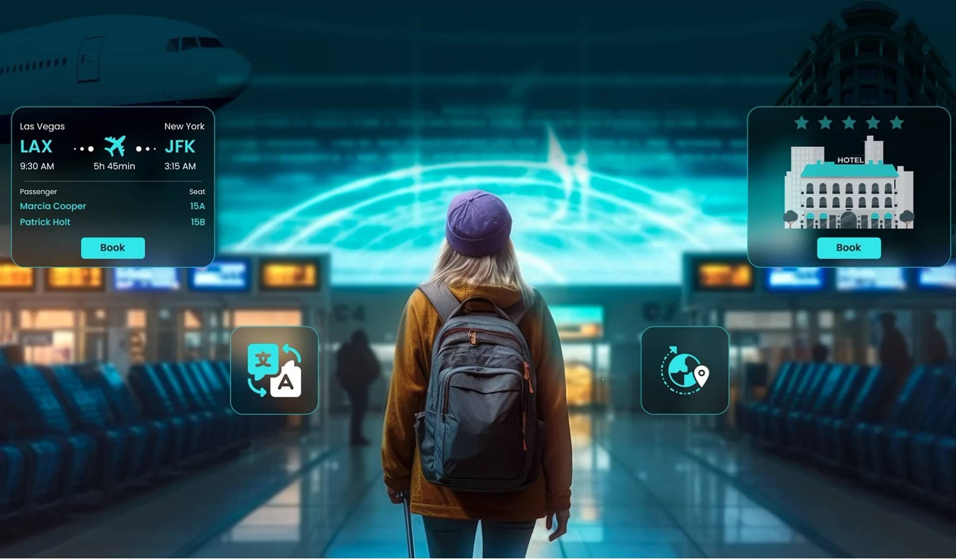 O turistă în aeroport înconjurată de tehnologie ca asistent virtual digital Foto Intuz com